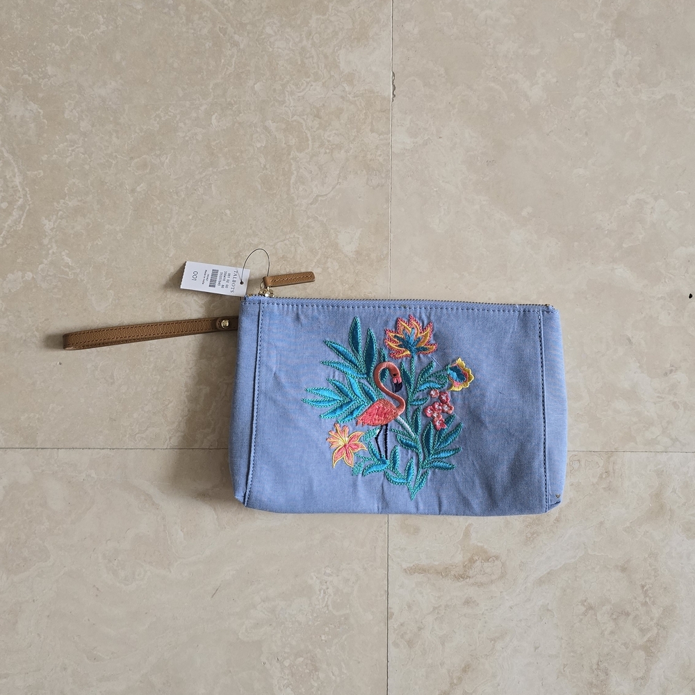 Talbots Pink Flamingo Embroidered Denim Wristlet